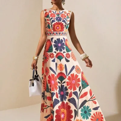 Floral Embroidered A-Line Maxi Dress